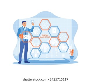 El empresario está de pie y usando una tableta digital. Un dedo de mano de hombre de negocios presiona un botón en una pantalla virtual con iconos de marketing digital. Concepto de medios de marketing digital. 