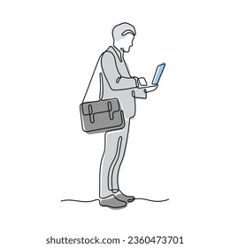 Businessman standing and using laptop continuous line colourful vector illustration