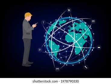 Businessman standing and using smartphone for connection technology, concept using smartphone for connection to Global network connection