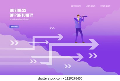 Businessman standing and using telescope on the arrow. Leadership and Business opportunity concept. vector illustration