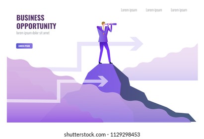 Businessman standing and using telescope on top of peak. Leadership and Business opportunity concept. vector illustration