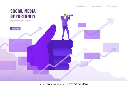 Businessman standing and using telescope on Big thump up hand. Social media opportunity and marketing concept. vector illustration