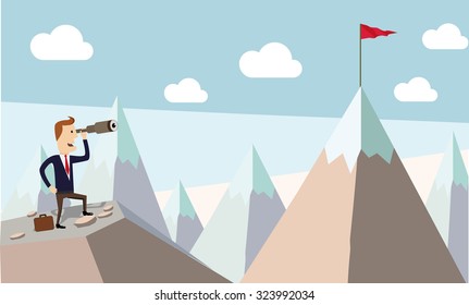 Businessman standing using telescope to see mountain peak. Growing business concept. 