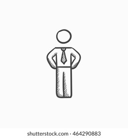 Icono de boceto vectorial parado de hombre de negocios aislado en el fondo. Hand dibujó el icono de pie del hombre de negocios. Empresario parado parado en el icono de sketch para infografía, sitio web o aplicación.