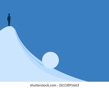 Businessman standing watching the snowball roll from the top of the mountain getting bigger and bigger