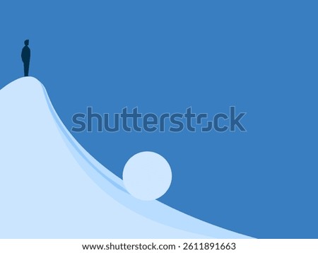Businessman standing watching the snowball roll from the top of the mountain getting bigger and bigger