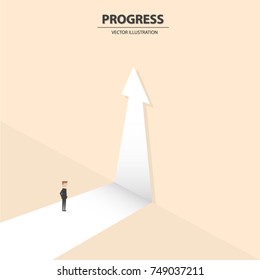 A businessman standing in the way and looking for the future growth. Business concept of opportunities, challenge, vision and future. Vector illustration.