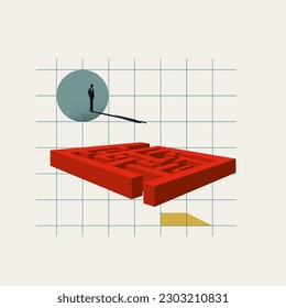 Businessman stands above an abstract maze, symbolizing decision making, analysis, and finding solutions. Minimal vector eps10 illustration.