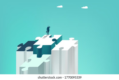 Businessman stands alone on the big puzzle piece and looks for future business opportunities. Solving the problems and advisory concept. Business concept illustration  