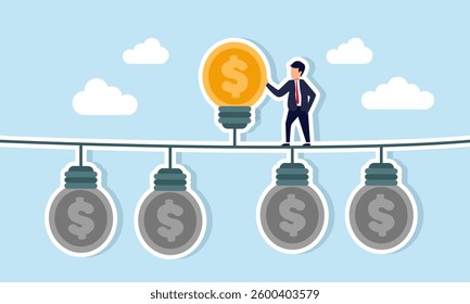 A businessman stands among dollar coin-shaped lamps that are off, except for one lit lamp, illustration of selecting the right idea to improve business performance