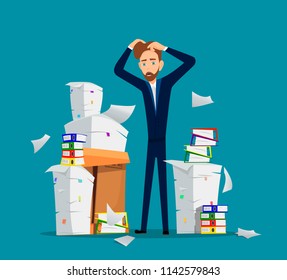 Businessman stands among pile of office papers. Vector illustration.