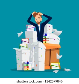 Businessman stands among pile of office papers. Vector illustration.