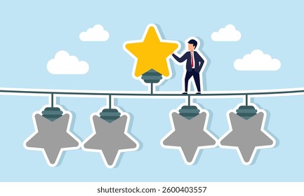 A businessman stands among star-shaped lamps that are off, except for one lit lamp, illustration of how the right business quality improvement can enhance business performance