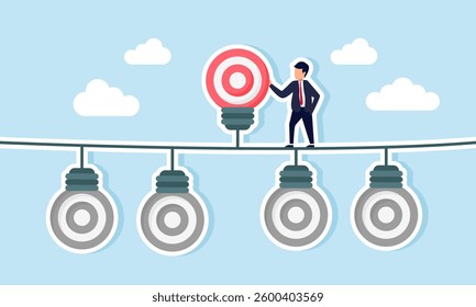 A businessman stands among target board-shaped lamps that are off, except for one lit lamp, illustration of how choosing the right business target can enhance work effectiveness
