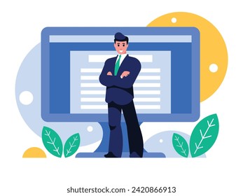 Businessman stands with arms crossed on chest. Standing confident man in a suit and tie. Background with a display on the screen with a text editor open. Vector graphics