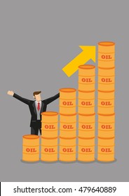 Businessman stands behind stacks of oil barrels with an arrow pointing upwards. Cartoon vector illustration on oil business and up trend isolated on grey background.