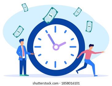 The businessman stands beside the big clock, manages time and achieves success with his business. Financial concepts, time management. Flat vector illustration.