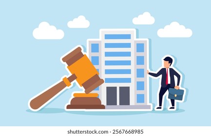 A businessman stands beside a business office building and a gavel, illustration of legal assurance in protecting company business assets