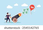 A businessman stands beside a cannon firing percentage bullets targeting a balloon labeled TAX, illustration of tax amnesty for business