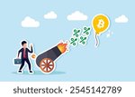 A businessman stands beside a cannon firing percentage bullets targeting a balloon labeled Bitcoin, illustration of targeting Bitcoin valuation at halving or low valuation