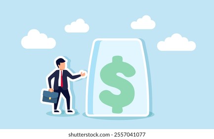 A businessman stands beside a glass jar containing a dollar sign, illustration of securing company financial assets