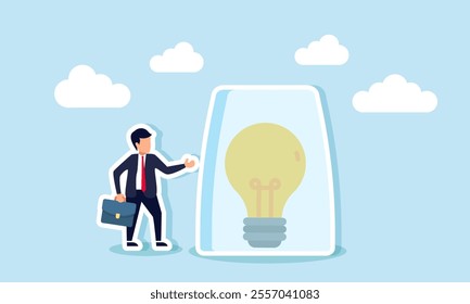 A businessman stands beside a glass jar containing a light bulb, illustration of securing company business ideas and innovations