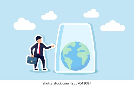 A businessman stands beside a glass jar containing a globe symbol, illustration of saving the earth from greed and exploitation by entrepreneurs