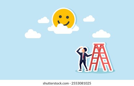 A businessman stands beside a ladder, looking at a happy emoticon above the clouds, illustration of efforts in analyzing to improve business engagement