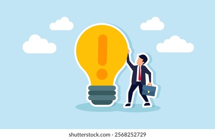 A businessman stands beside a lamp labeled with an exclamation mark, illustration of caution in creative thinking, business ideas, and innovation that comply with regulations