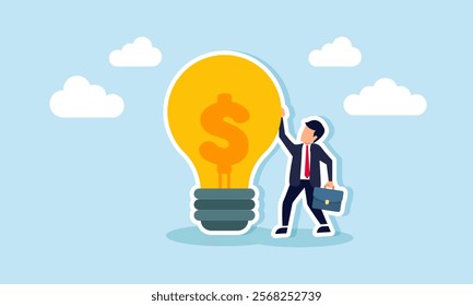 A businessman stands beside a lamp labeled with a dollar sign, illustration of creativity and business innovation as key factors in increasing business revenue