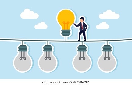 A businessman stands beside a lit lamp among several turned-off lamps, illustration of choosing and deciding to use the right idea and innovation for a company business