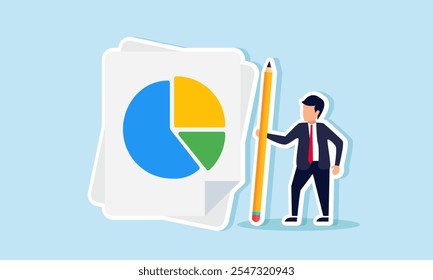 A businessman stands beside a paper with a pie chart holding a pencil, illustration of preparing a dividend distribution report