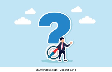 Businessman stands beside a question mark with a compass at the bottom, illustration of confusion in determining the right business policy direction