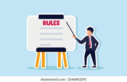 A businessman stands beside a rules board, holding a stick and explaining the rules, illustration of presenting business rules to investors