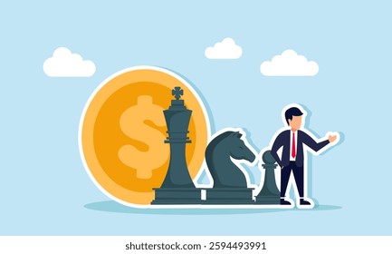 A businessman stands beside several chess pawns and dollar coins, illustration of planning strategies for budget and financial efficiency in a business company