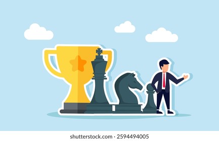 A businessman stands beside several chess pawns and a trophy, illustration of planning strategies to become a leading company