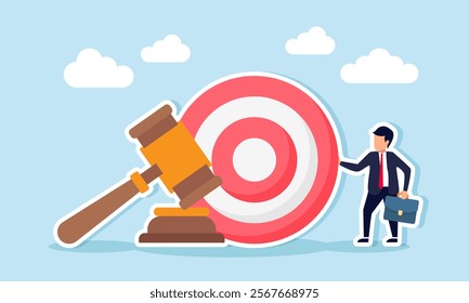 A businessman stands beside a target board and a gavel, illustration of legal assurance in securing business targets