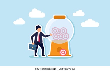 A businessman stands beside a target board-making machine, illustration of productivity in achieving new business targets