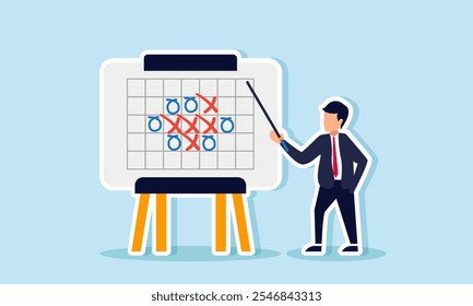 A businessman stands beside a time schedule board, holding a stick and explaining it, illustration of explaining the time schedule to the business team