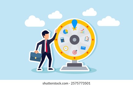 A businessman stands beside a toy wheel containing data analyst elements and spins it, illustration of gambling in structuring and analyzing data