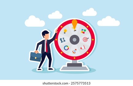 A businessman stands beside a toy wheel containing marketing elements and spins it, illustration of gambling in developing marketing strategies