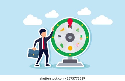 A businessman stands beside a toy wheel containing financial elements and spins it, illustration of gambling in managing and organizing business finances