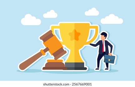 A businessman stands beside a trophy and a gavel, illustration of legal assurance in ensuring the truth of business achievements