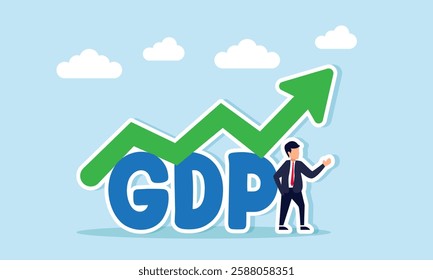 Businessman stands beside the word GDP with a rising green line chart on top, illustration of increasing GDP