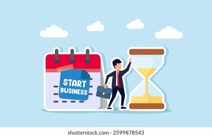 A businessman stands between an hourglass and a calendar labeled Start Business, illustration of building a business with effective and efficient time management