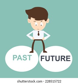 businessman stands between past and future