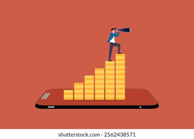 Businessman stands with a binoculars on Stacks of gold coins