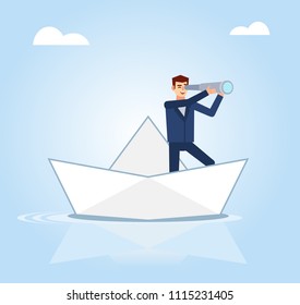 Businessman stands in boat and holds spyglass, watching forward. Business direction concept. Flat design vector illustration