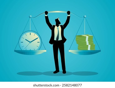 Businessman stands confidently, balancing a scale with money on one side and a clock on the other. Represents the trade off between time and wealth and work life balance