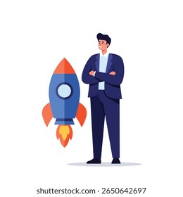 Businessman stands confidently beside a rocket, ready for launch.